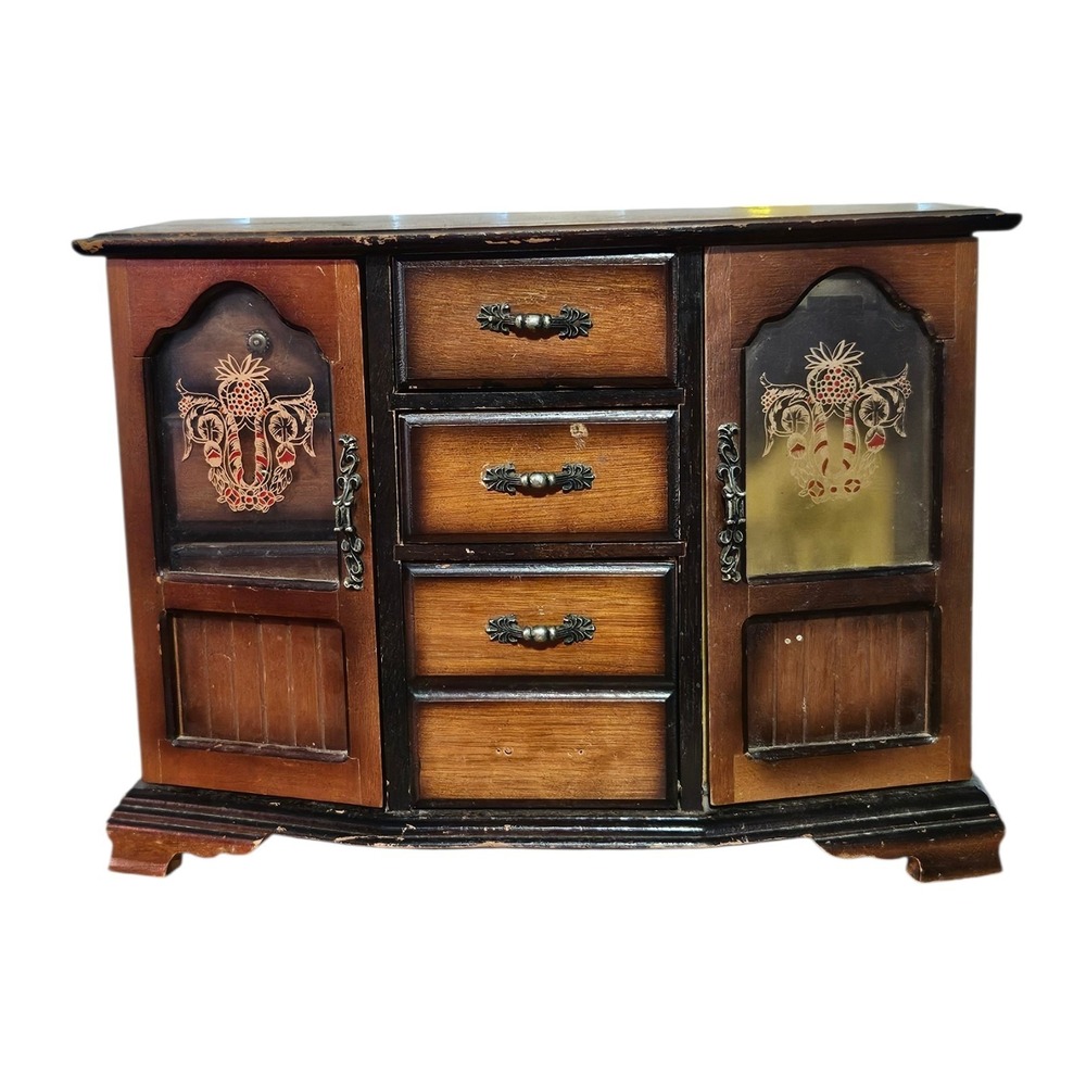 Vintage MCM Wooden Jewelry Armoire Etched Glass Doors & 4 Drawers Dresser 10.5"H